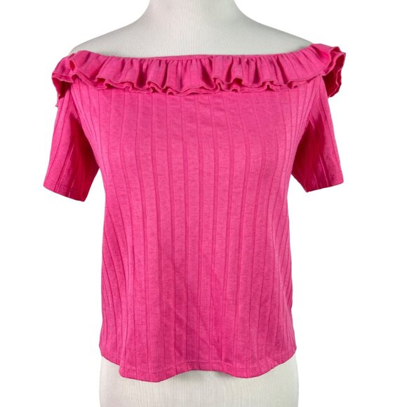 🟣🟣🟣 ZARA TRAFALUC Women's Small Pink Ribbed Ruffle Off The Shoulder Shirt - Picture 3 of 8